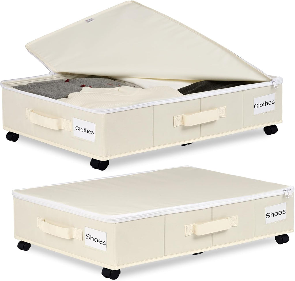 Vincona Under Bed Storage Containers - Rolling 2-Pack with Label Holders for Clothes & Shoes | Beige (30.71x15.7x7.28 in)