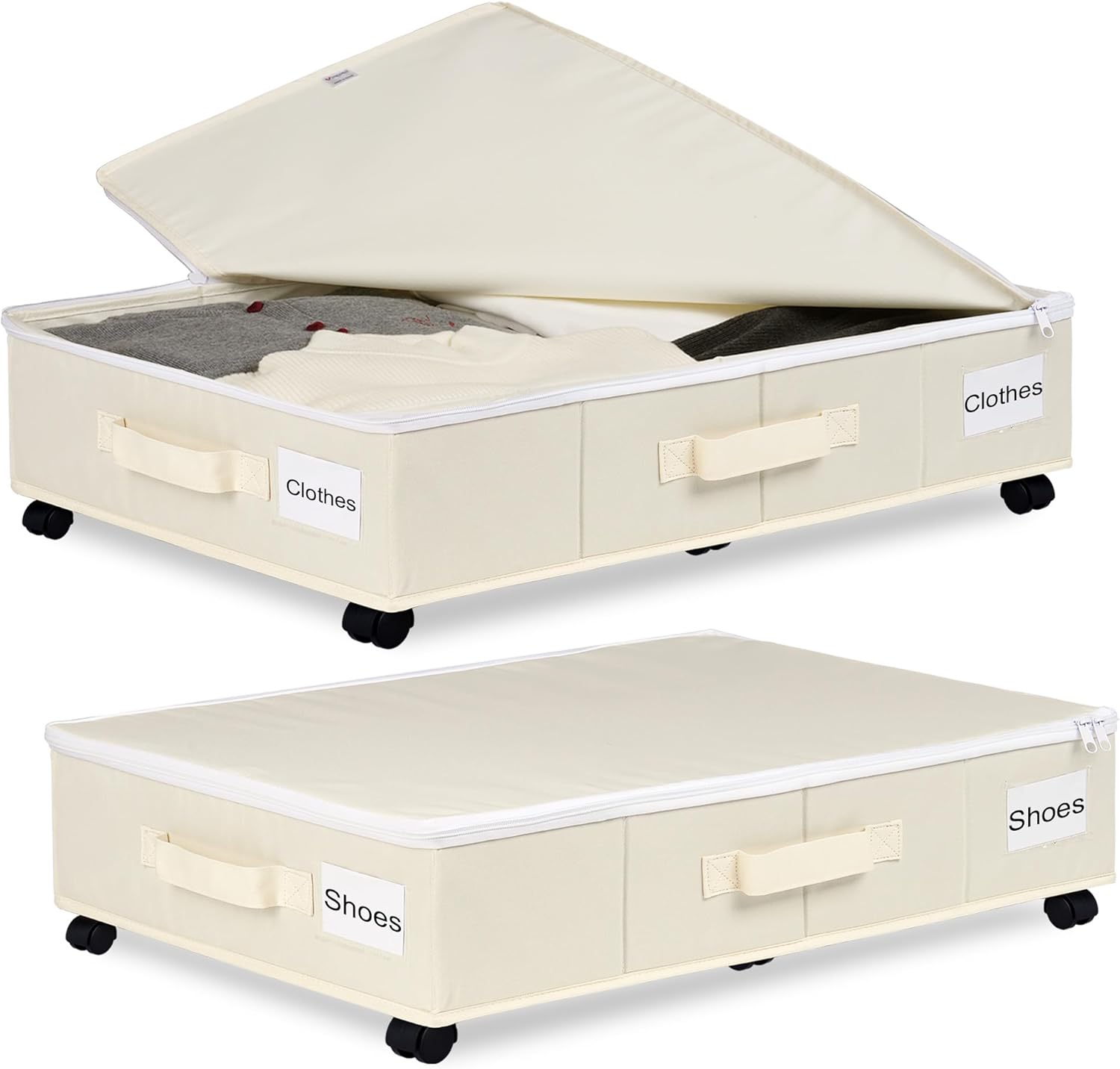 Vincona Under Bed Storage Containers - Rolling 2-Pack with Label Holders for Clothes & Shoes | Beige (30.71x15.7x7.28 in)