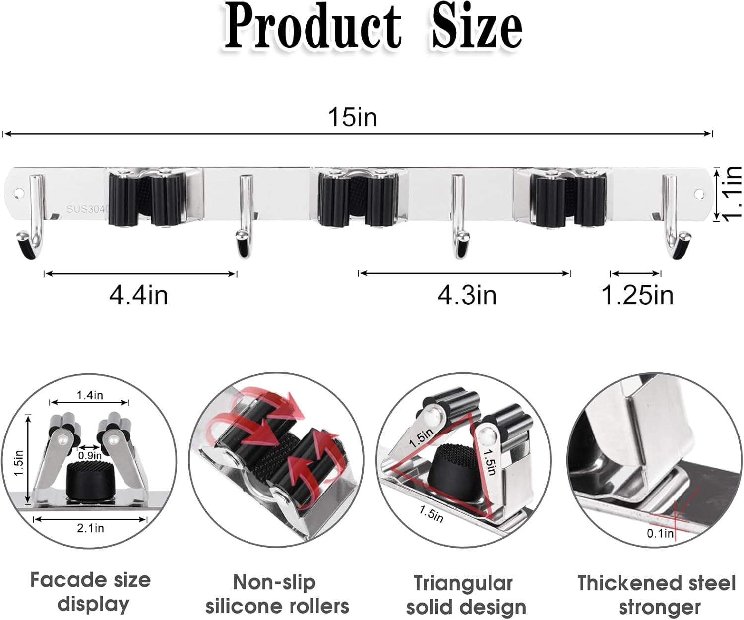 Skiennix Broom and Mop Holder - Wall Mounted Garage Organizer with 5 Racks & 4 Heavy-Duty Hooks