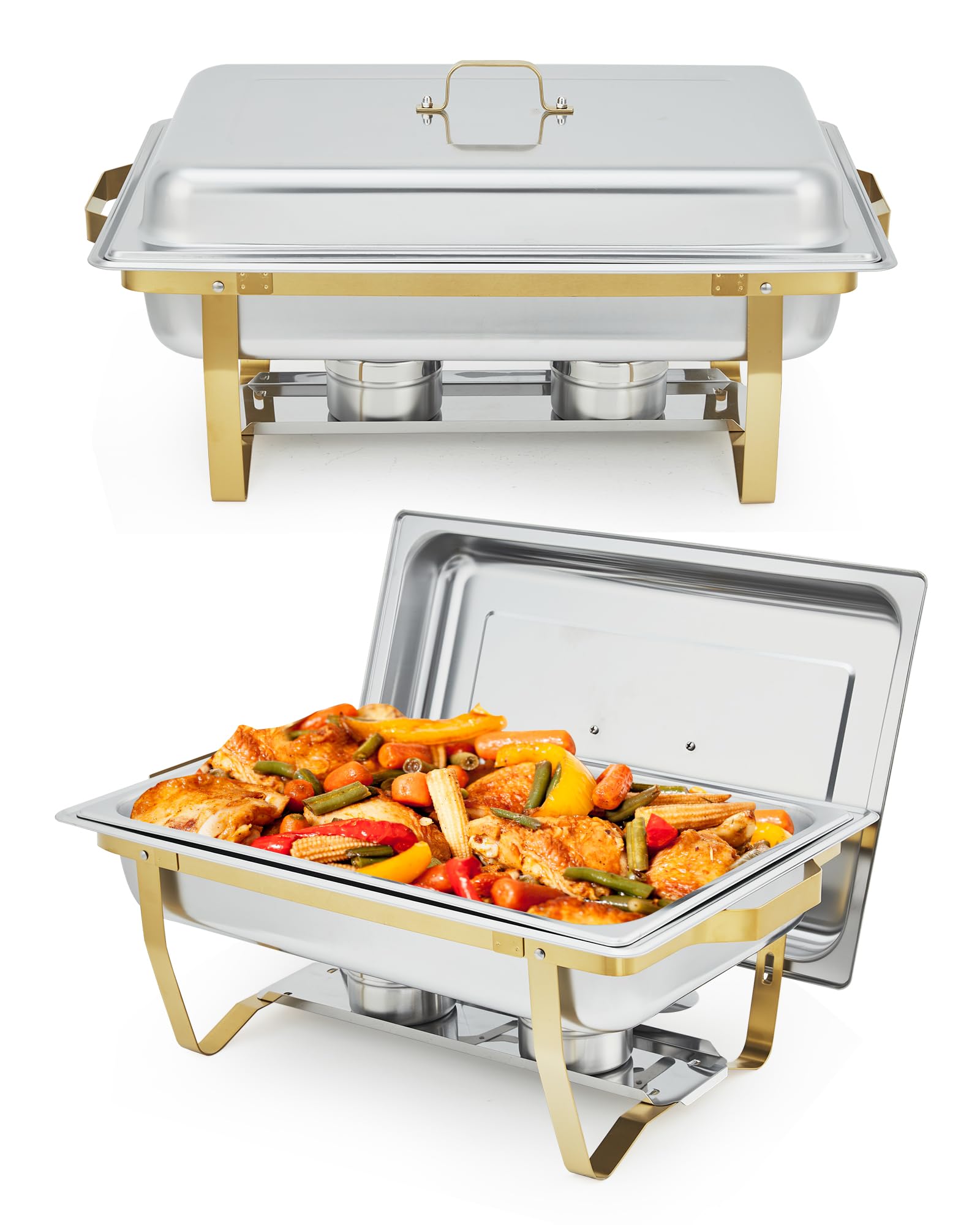 Garvee Chafing Dishes for Buffet Set of 2, 8QT Buffet Servers and Warmers Set with Lid & Foldable Frame, Rectangular Stainless Steel Chafer Food Warmer for Parties Wedding Catering Supplies, Gold