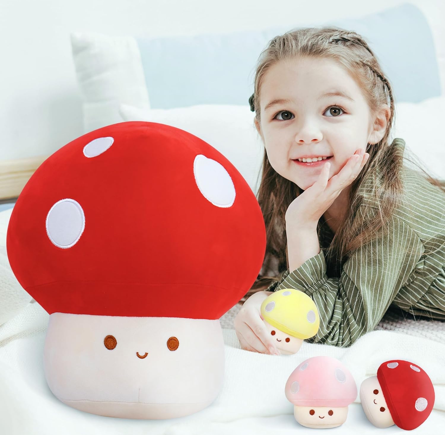 WeBingo Mushroom Plush Pillow Set - 12-Inch Jumbo Stuffed Animal Decor | 4-Piece Gift for Kids & Adults