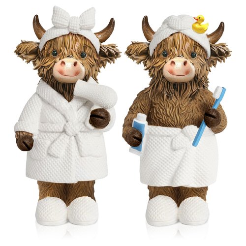 Burbell 2 Pcs Highland Cow Bathroom Figurine Bathroom Highland Cow Decor Gnomes Bath Decor Scottish Resin Statue Calf Lovers Gifts for Farmhouse Home Garden Kitchen Office Tiered Tray Table Decoration