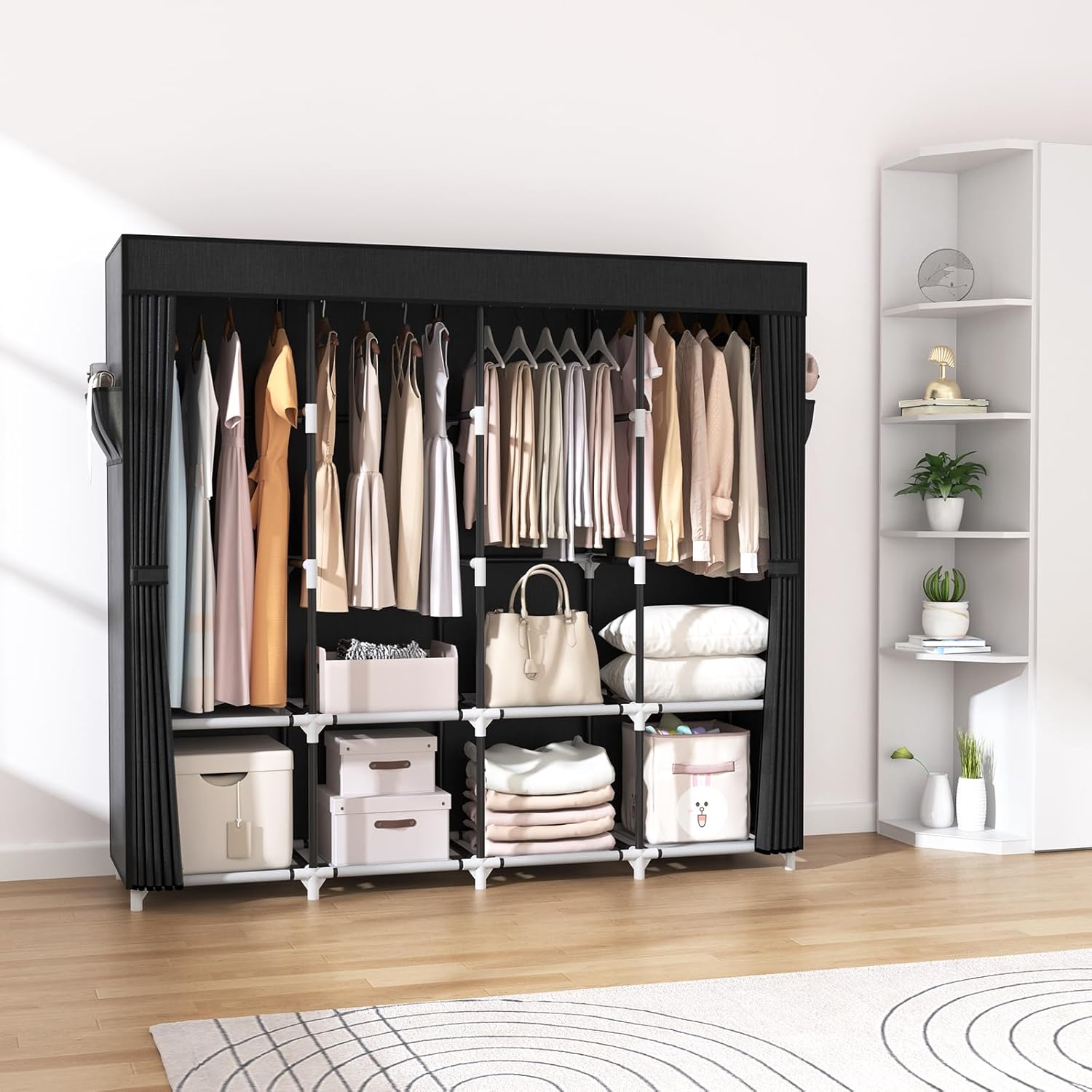 VTRIN Portable Closet - 67 Inch Wide Wardrobe with Cover, 4 Shelves & 4 Hanging Rods - Sturdy Black Design