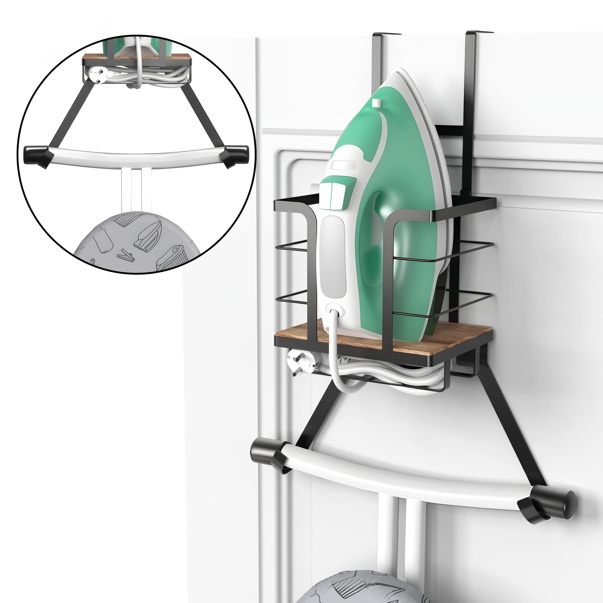 Over The Door & Wall Mount Ironing Board Hanger Wooden & Metal Laundry Room Organizer, Anti-Slip Fence Design, Fits T/Y-Leg Ironing Boards for Iron Steamer Pressing Accessories
