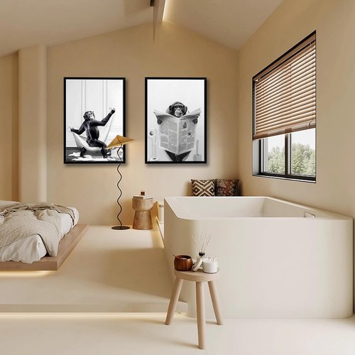 Funny Monkey Painting Poster - Framed Black and White Canvas Art | 12" x 16" for Kids' Bathroom Decor
