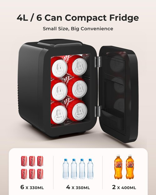 BEICHEN Mini Fridge, 4 Liter/6 Can Portable Refrigerator for Bedroom Office Dorm Car– Fast Cooling, Low Noise, 100-125V AC/5-12V USB Small Compact Refrigerator for Skincare, Food, Drinks(Black)