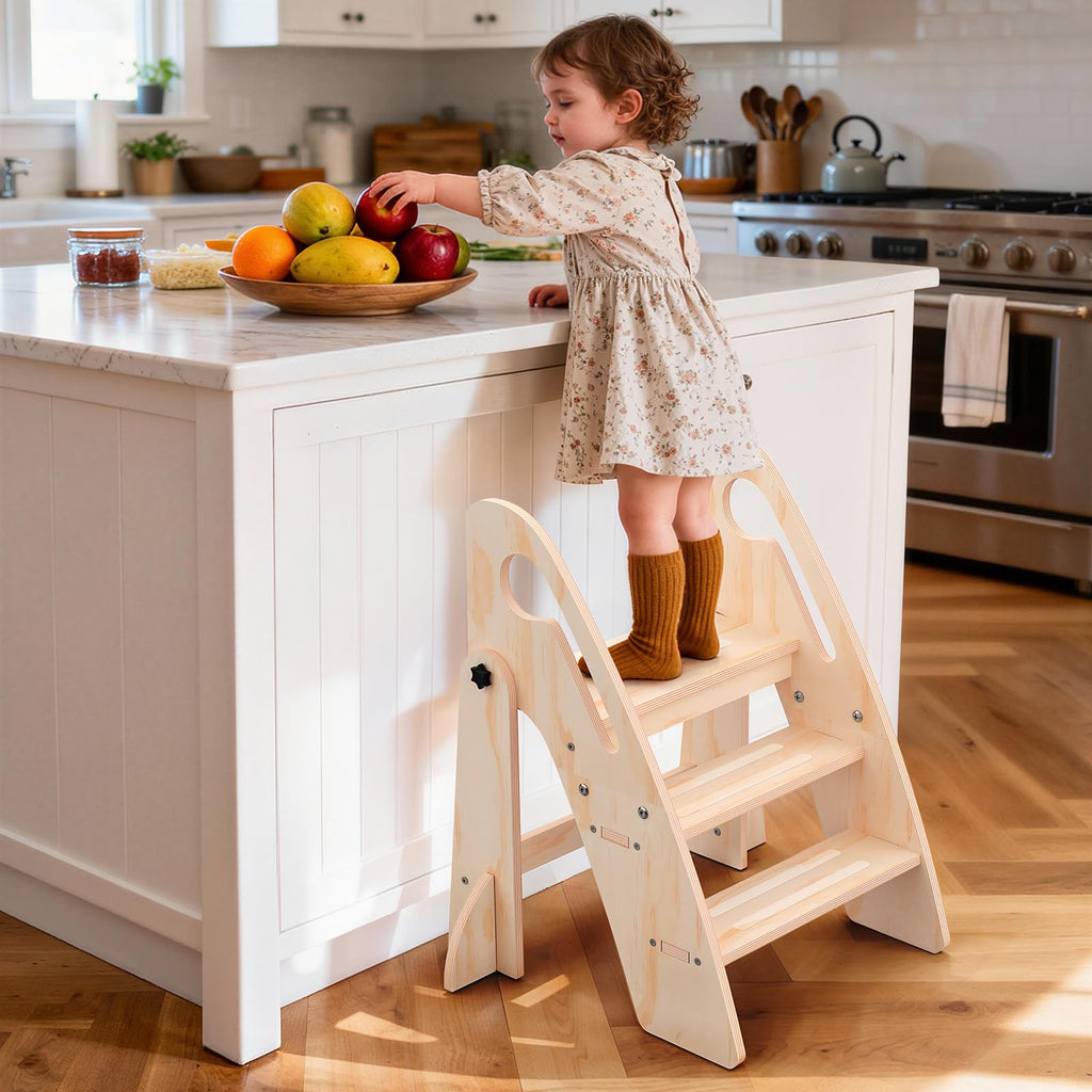 Toddler Step Stool, Wooden Foldable 3-Step Stool for Kids, Potty Training Stool with Handles and Non-Slip Strips for Bathroom Sink, Kitchen, Bedroom