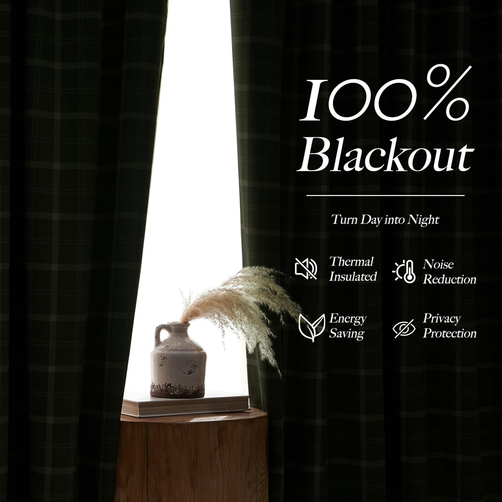 NICETOWN Buffalo Check Plaid 100% Blackout Curtains 84 Inches Long for Bedroom, Living Room Thermal Insulated Room Darkening Rod Pocket Back Tab Drapes, Olive Green, 52" W x 84" L, 2 Panels