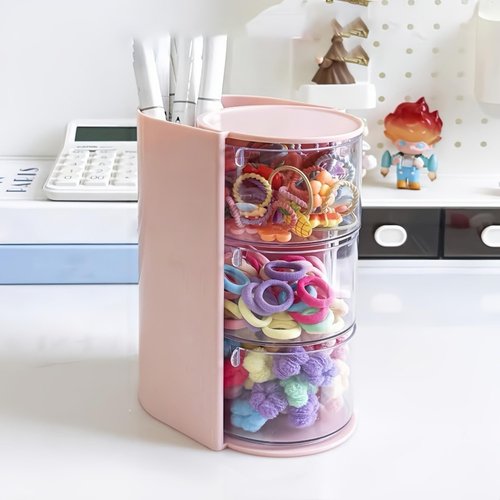 Azurphoric Hair Accessories Organizer with Hair Brush Holder, Rotatable Makeup Brush Holder for Necklaces, Earring, Bracelet, Ring, Makeup Brushes, Hair Clip and Hair Accessories (Pink, 3-Layer)