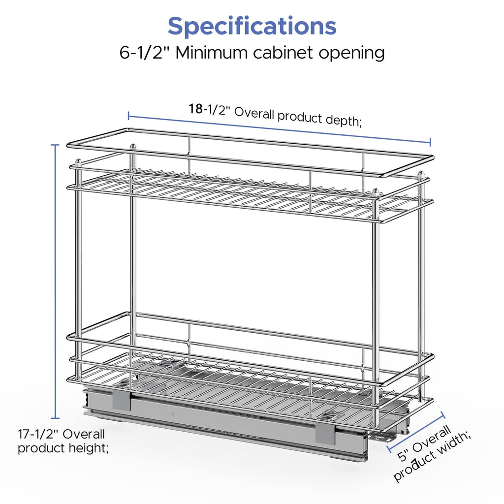 LOVMOR Pull Out Cabinet Organizer and Storage (5" W x 21" D) 2-Tier Pull Out Shelf Storage for Kitchen Base Cabinet Silver(5" W x 21" D, Silver, Roll on Top)