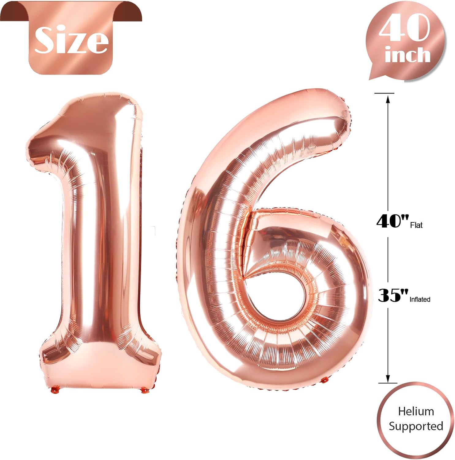 Rose Gold Number 16 Balloon - 40 Inch 16th Birthday Decoration for Girls & Boys