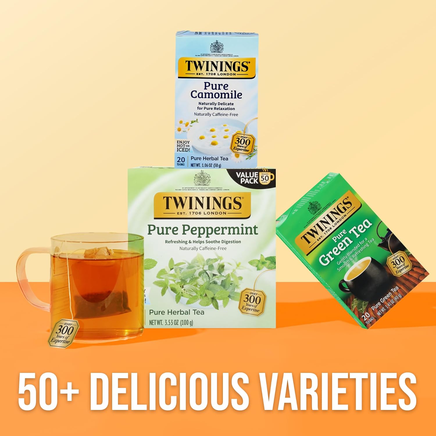 Twinings Pure Peppermint Herbal Tea - 50 Individually Wrapped Bags | Fresh Minty Flavor, Caffeine-Free, 300 Total Teabags
