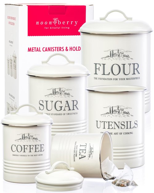 noonberry Kitchen Canisters for Countertop – 5-Piece Airtight Flour Sugar Coffee Tea Kitchen Canister Set with Utensil Holder – Sugar and Flour Containers for Kitchen Counter, Cream-White Finish