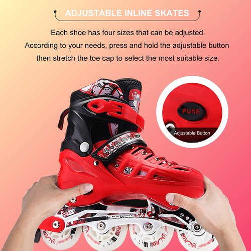 4 Types Size Adjustable Inline Skates Kids Adults for Outdoor Flash Men and Women Roller Skates Beginners Featuring All Illuminating Wheels Roller Shoes Pu High Elastic Wear Wheel -Red_L(6.5-8.5)