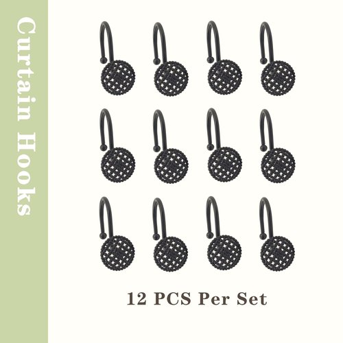 Dylrauoza Black Shower Curtain Hooks, 12 Pack Modern 3D Beaded Decorative Shower Curtain Rings, Rust Proof Heavy Duty Metal Shower Hangers for Bathroom Rods