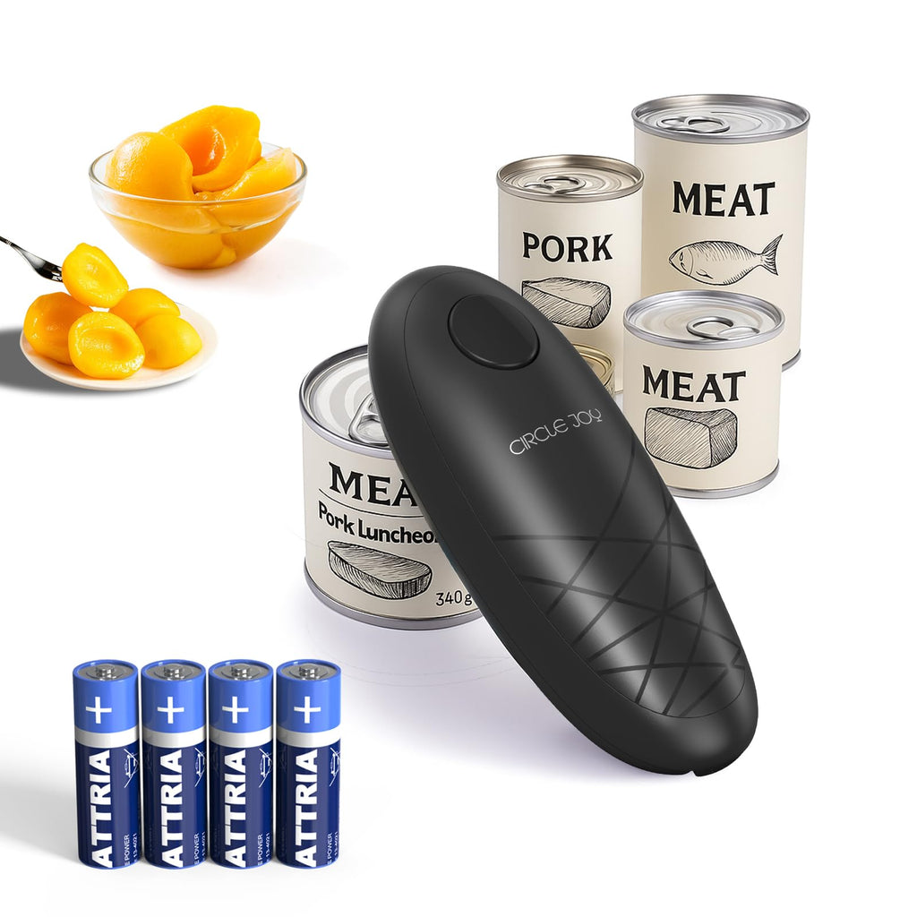 CIRCLE JOY Electric Can Opener, One-Touch Automatic Can Opening with Smooth Edges, Food Safety Handheld Battery-Operated Can Opener for Kitchen and Seniors, Black