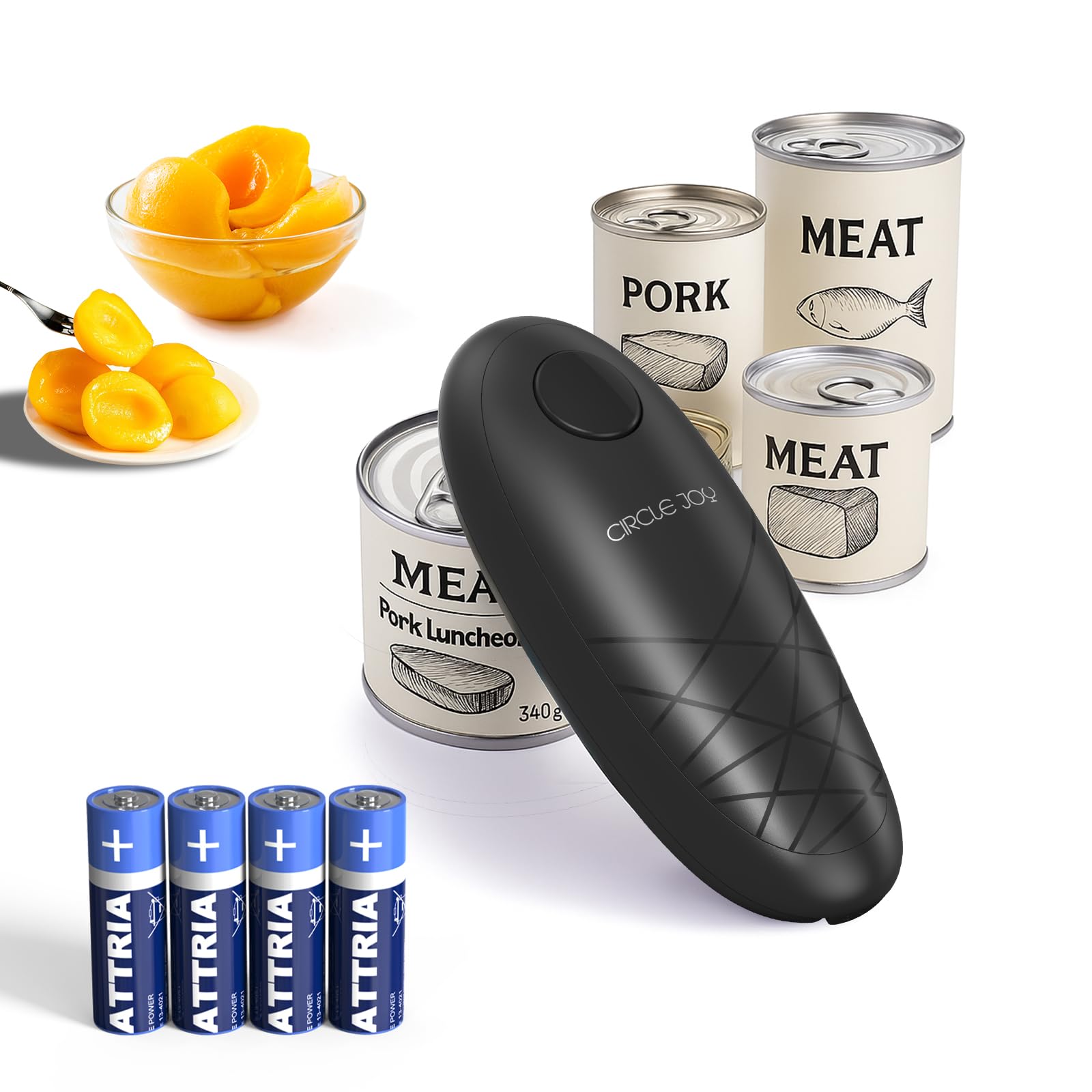 CIRCLE JOY Electric Can Opener, One-Touch Automatic Can Opening with Smooth Edges, Food Safety Handheld Battery-Operated Can Opener for Kitchen and Seniors, Black