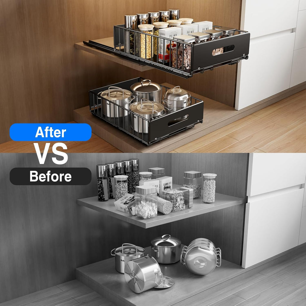 Mustorn Pull Out Cabinet Organizer - Heavy Duty Slide Out Drawers for Kitchen & Bathroom | 16.5"D x 11.8"W x 3.94"H - Black