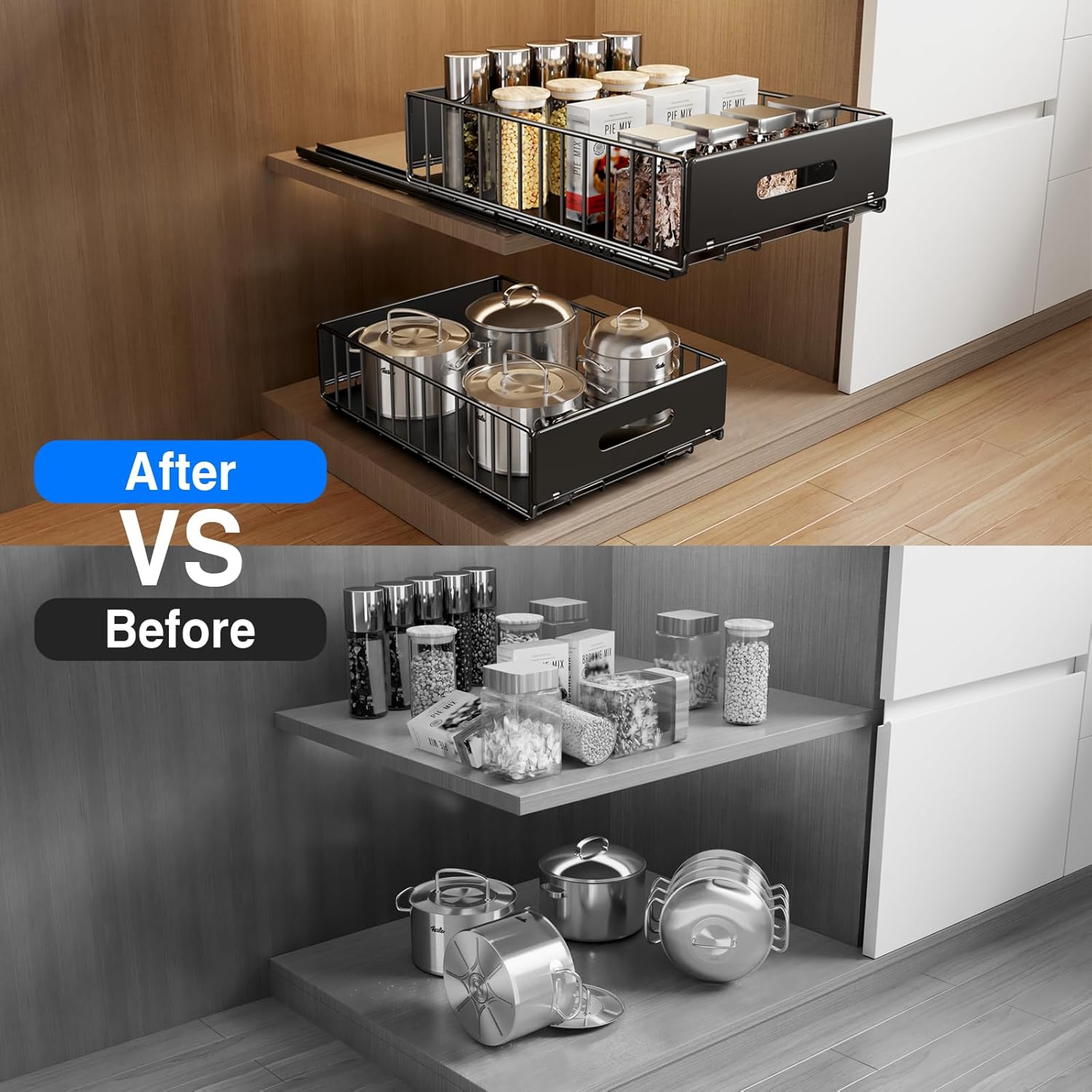 Mustorn Pull Out Cabinet Organizer - Heavy Duty Slide Out Drawers for Kitchen & Bathroom | 16.5"D x 11.8"W x 3.94"H - Black