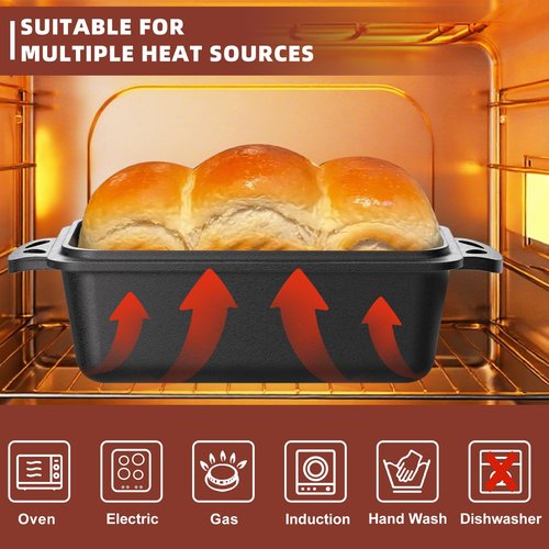 EAOENLS 9×5 Inch Cast Iron Loaf Pan with Lid, 2-in-1 Bread Baking Pans for Homemade Bread, Pre-Seasoned | Even Heat Distribution, 2 Piece Set
