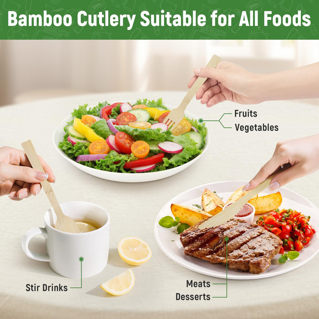 100Pack Pre Rolled Bamboo Utensils - Pre Rolled Bamboo Cutlery Set(100 Forks, 100 Knives, 100 Spoons, 100 Napkins), Wrapped Wooden Cutlery, Biodegradable Wrapped Cutlery for Party, Wedding, Events