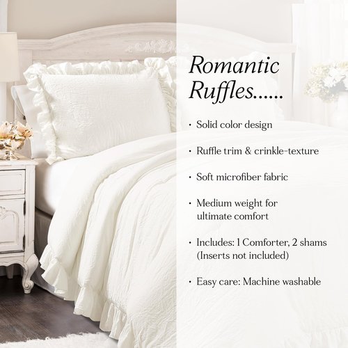 Lush Decor Reyna Ruffle Comforter Set - 3 Piece Cozy Ruffled Bedding Set - Timeless Elegance and Comfort for Bedroom - California King, White