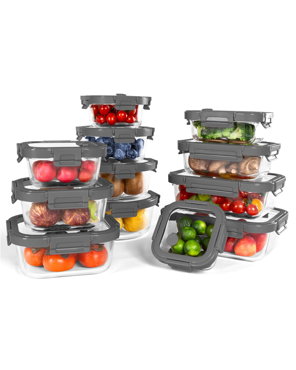 BOROHOUSE 12-Pack Glass Containers with Tempered Lids – Borosilicate, Oven-Safe(-4°F~950°F), Airtight, BPA-Free, Multi-Size for Meal Prep, Dishwasher Safe, 1.6 cups to 6.4 cups (Gray)