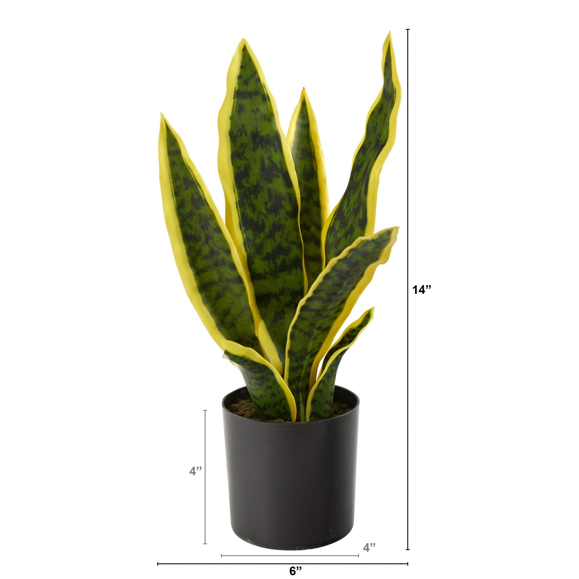 Nearly Natural 14-in Artificial Tall Snake Plant Sansevieria, Yellow Faux Snake Plant for Indoor Home Decor in Black Nursery Pot, Fake Plant for Office, Living Room, Bedroom, Tabletop, DIY