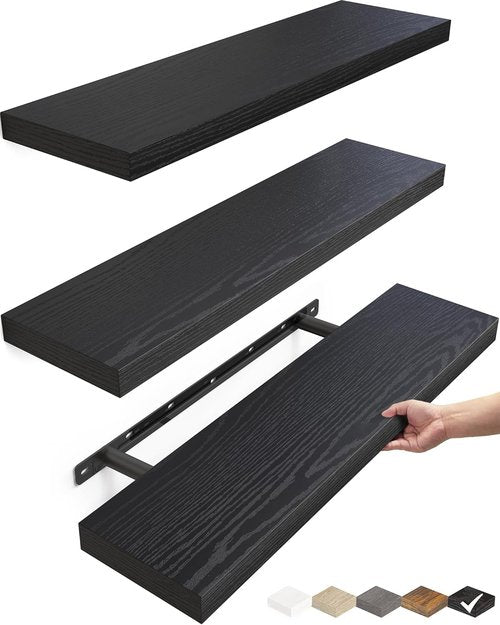 BAYKA Floating Shelves - Rustic Wall-Mounted Wood Shelves for Bathroom & Living Room | Set of 3, Black, 22.5 Inches