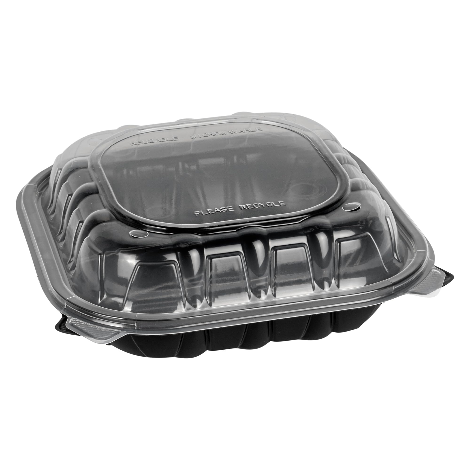 Thermo Tek 40 Ounce Clamshell Containers, 100 Disposable Take Out Boxes - 3 Compartments, Ventilated Lids, Black Plastic Meal Prep Containers, Microwavable, For Pasta Or Salads - Restaurantware