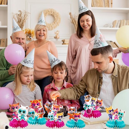 6Pcs Super Kitties Party supplies set Honeycomb Centerpieces Double Sided Table Topper for Super Kitties birthday party decoration