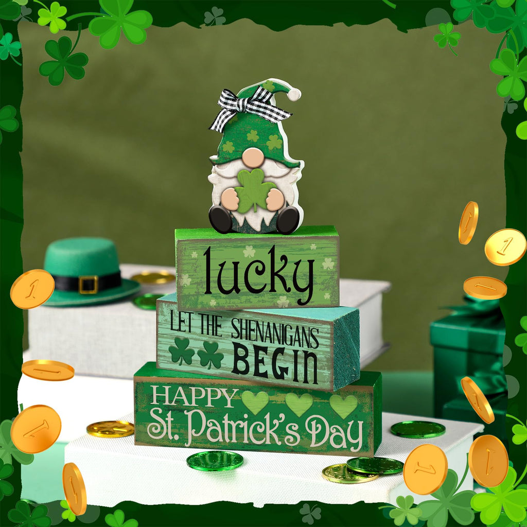 Moucuny 4 Pcs St. Patrick's Day Table Decoration Irish Tiered Tray Decor Wooden Gnome Shamrocks Block Signs Happy St. Patrick's Day Centerpiece for Tables Irish Wooden Sign for Home Decor
