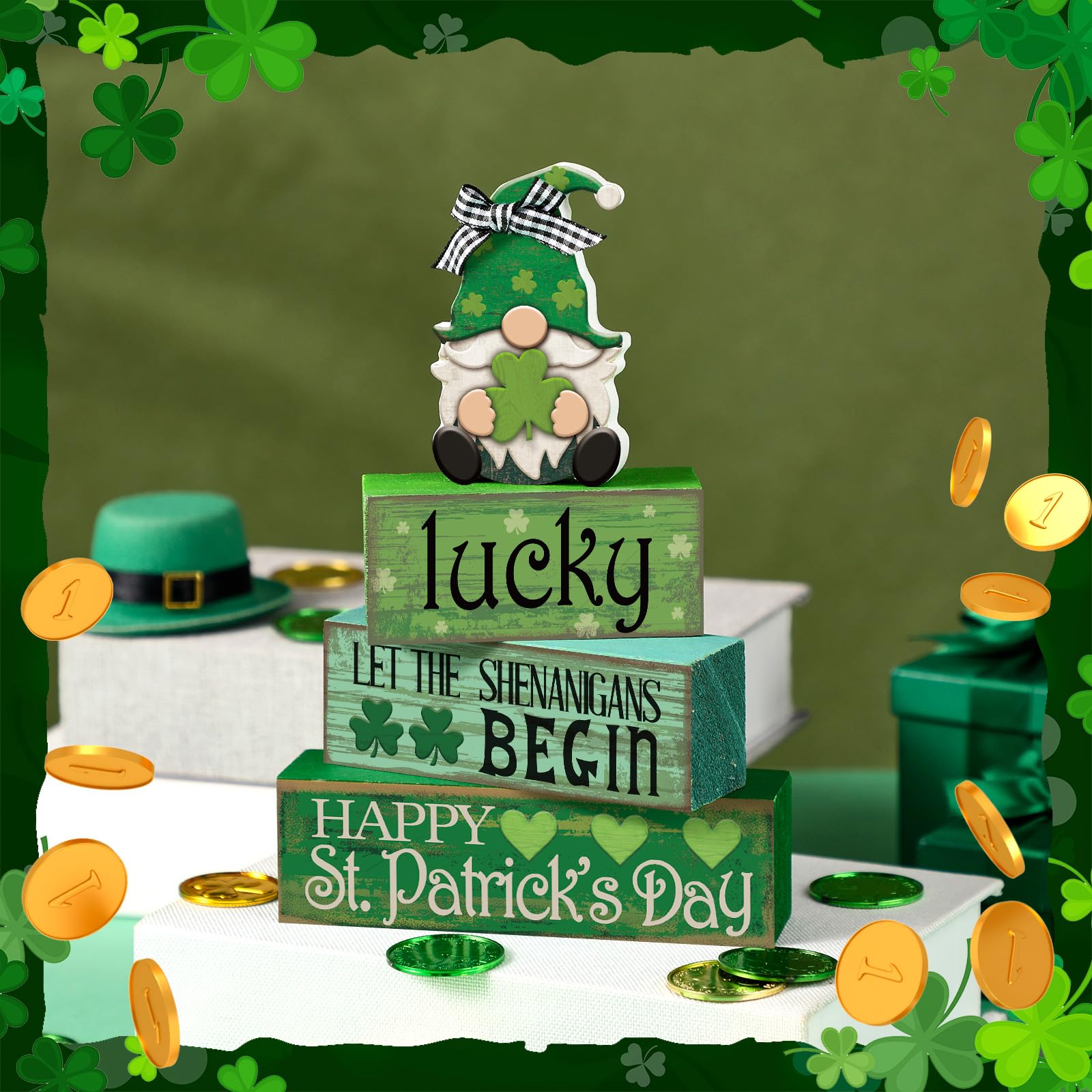 Moucuny 4 Pcs St. Patrick's Day Table Decoration Irish Tiered Tray Decor Wooden Gnome Shamrocks Block Signs Happy St. Patrick's Day Centerpiece for Tables Irish Wooden Sign for Home Decor