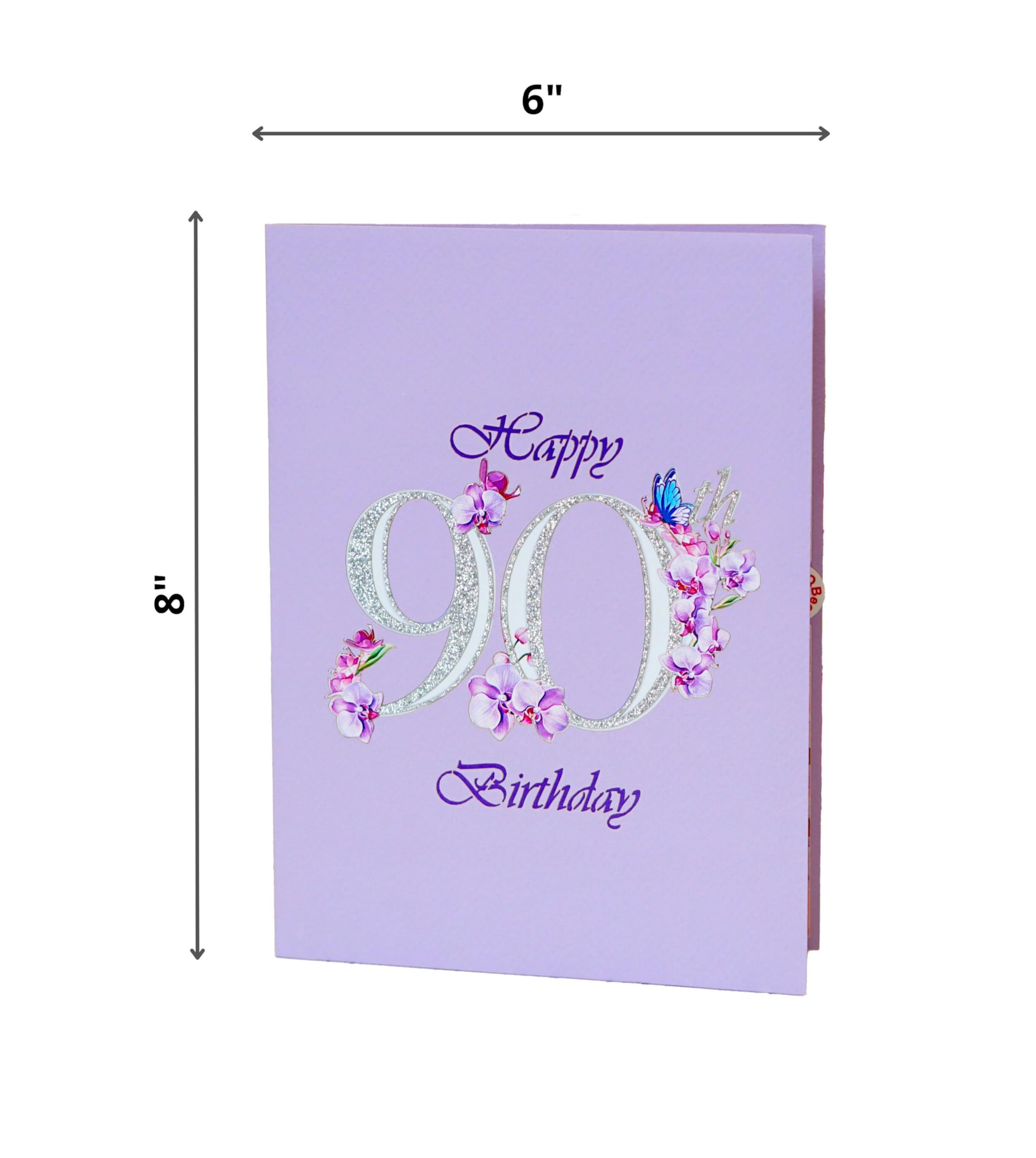 PQ Bees Orchid Happy 90th Birthday Card, 3D Birthday Cards for Women, 6x8in Pop Up Gifts for Mom, Wife, Him, Her, Daughter, Sister, Grandma (Size 6x8 - Happy 90th BD)