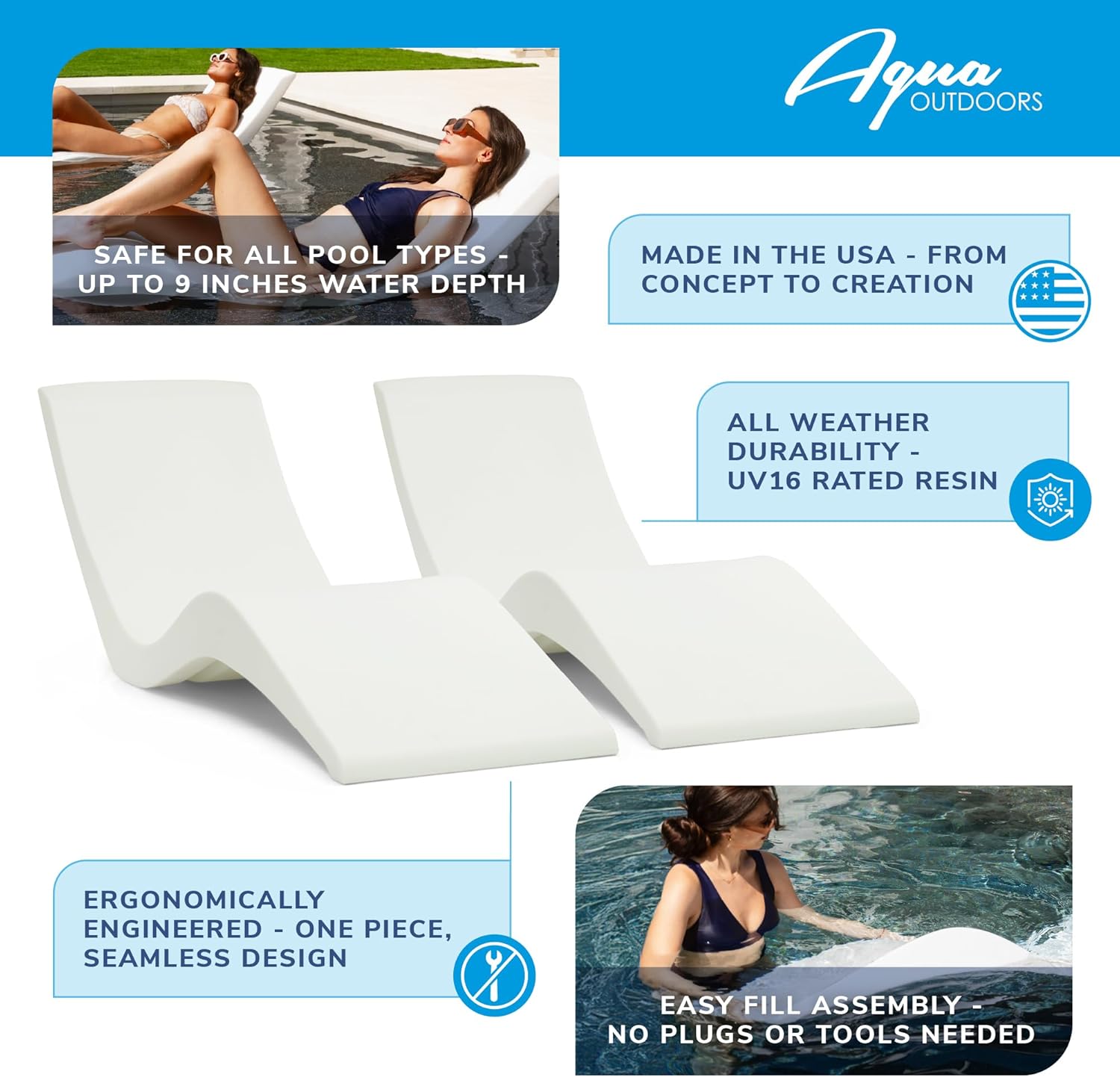 Aqua Outdoors Pool Chaise Lounge Chairs - Water-Weighted Lounger for Ledge & Shelf, Classic White, Set of 2