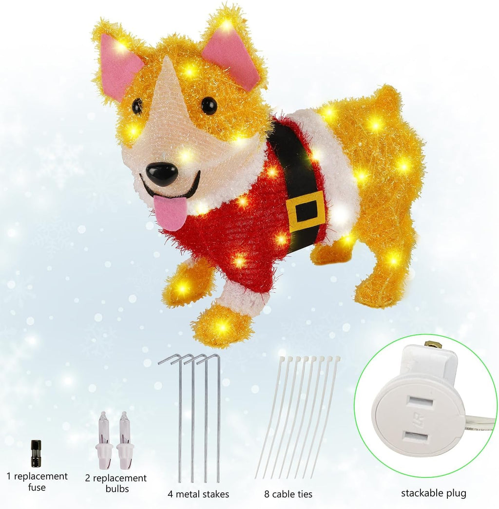WATERGLIDE 17-Inch Lighted Christmas Dog Decoration - Pre-Lit 3D Tinsel Puppy for Indoor/Outdoor Holiday Display