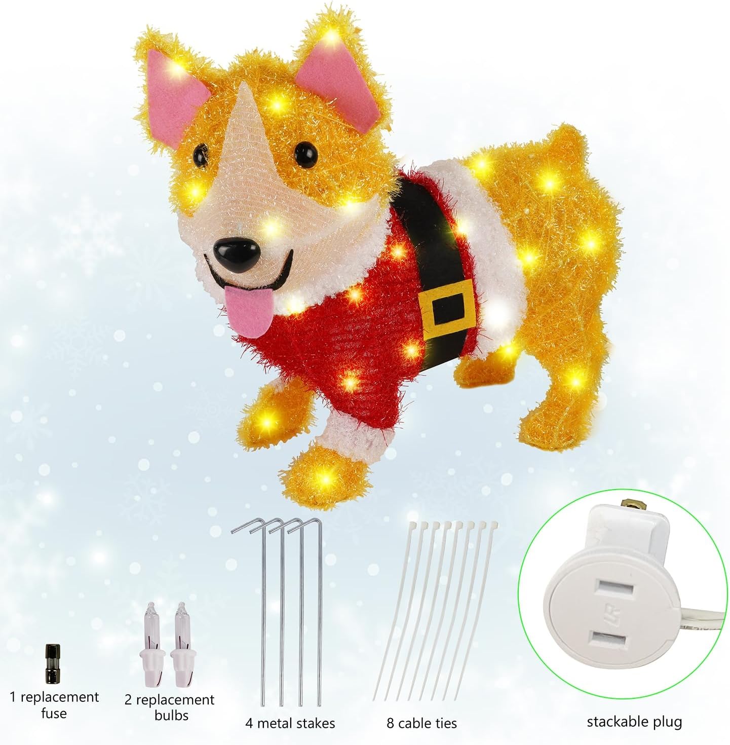 WATERGLIDE 17-Inch Lighted Christmas Dog Decoration - Pre-Lit 3D Tinsel Puppy for Indoor/Outdoor Holiday Display