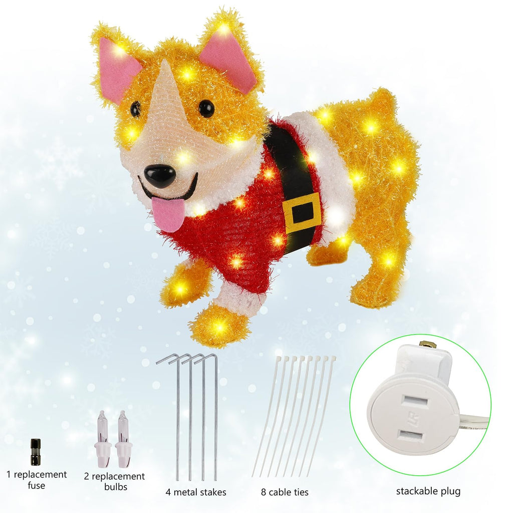 WATERGLIDE Christmas Outdoor Decoration Lighted Dog, 17 Inch Height Pre-Lit 3D Tinsel Cute Puppy Xmas Indoor Outside Holiday Decor with Clear Lights, Light Up & Plug in for Yard Garden Lawn Display