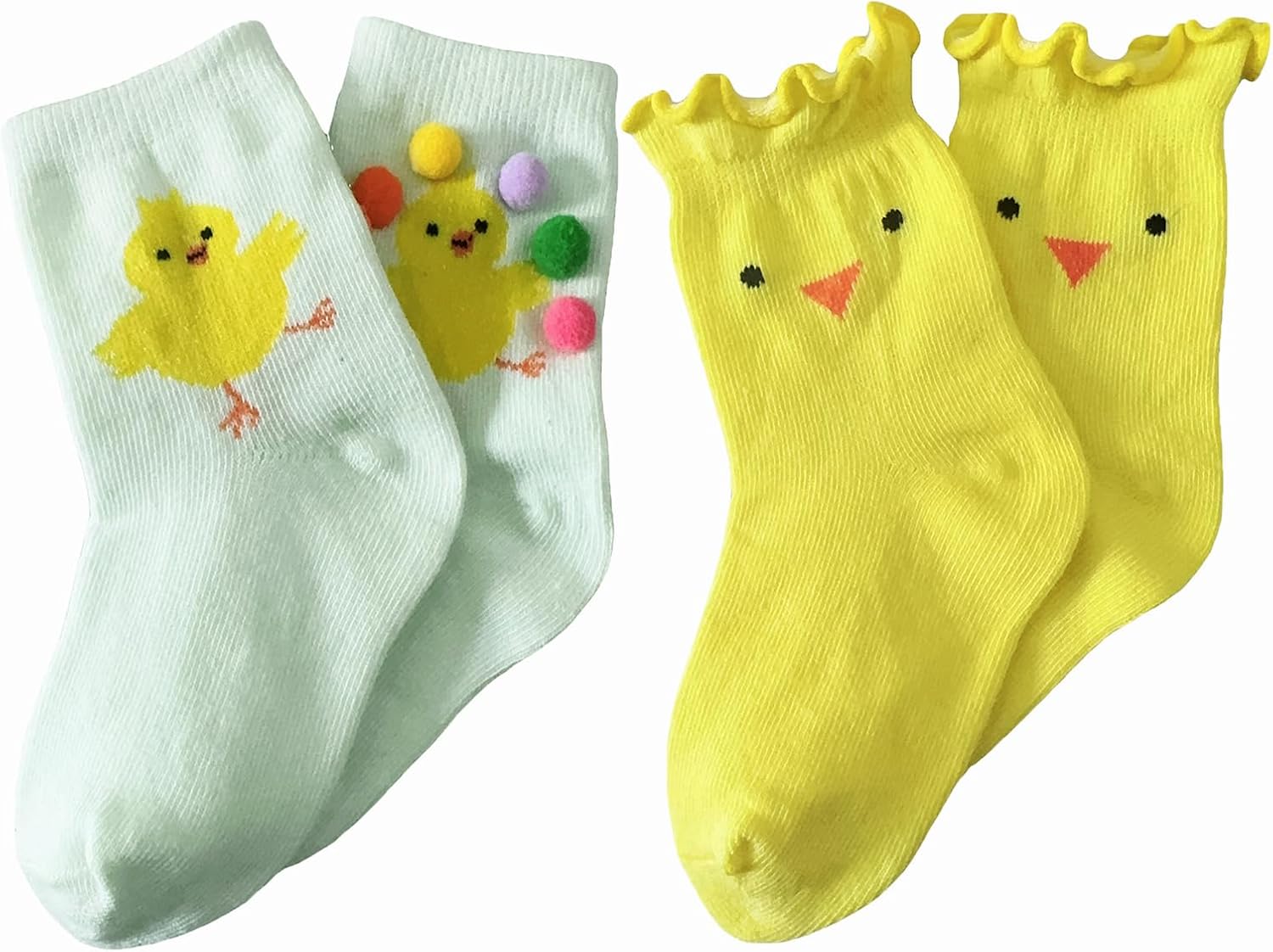 Skiennix Girls' Cozy Cotton Crew Socks - Fun Ruffle Design | Yellow Chick, Size 3-8 Years