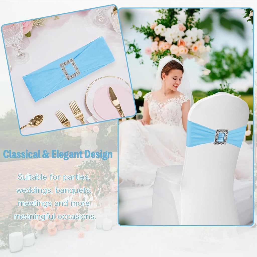 Skiennix 100 Pack Spandex Stretch Chair Sashes - Elastic Covers with Buckle Slider for Weddings & Events | Baby Blue