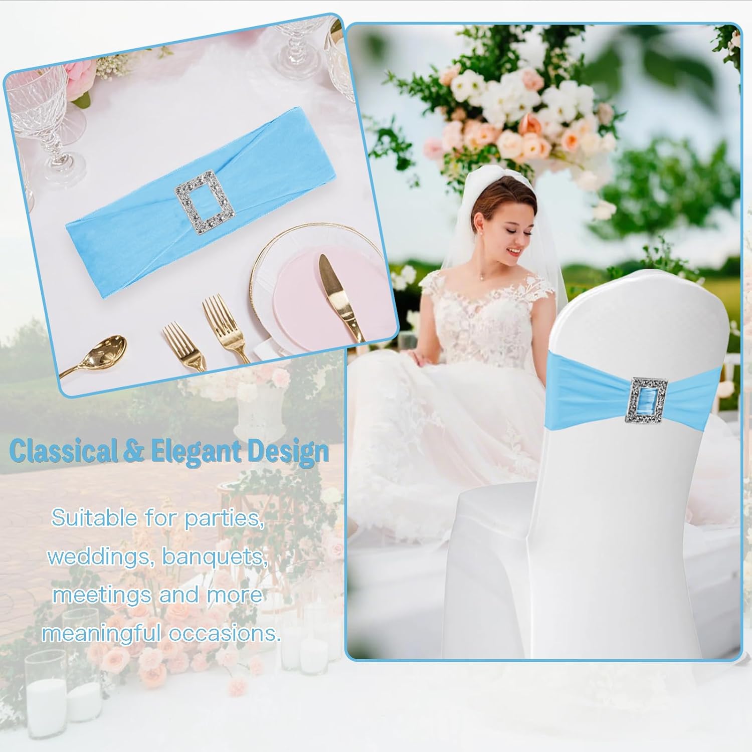 Skiennix 100 Pack Spandex Stretch Chair Sashes - Elastic Covers with Buckle Slider for Weddings & Events | Baby Blue