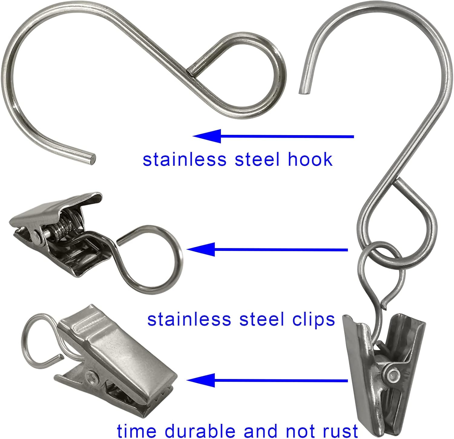 Stainless Steel S Hooks - 50 Pack Curtain Clips for Hanging Party Lights & Art Displays | 3 Inch, Silver