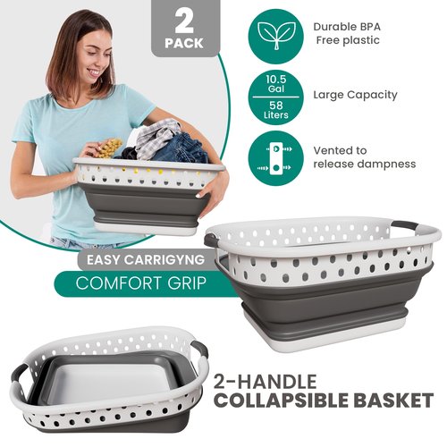 Ideality Shop Collapsible Laundry Baskets - Set of 2 Laundry Hamper 3 Handled Plastic Dirty Clothes Hamper Foldable Laundry Basket