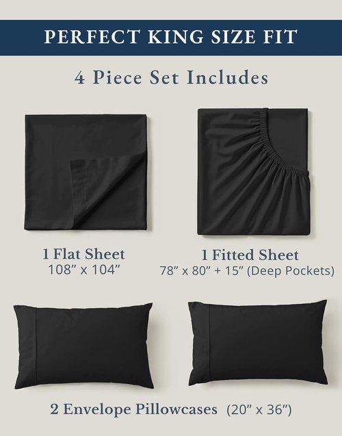 LANE LINEN 100% Organic Cotton King Size Bed Sheets - Soft, Comfy Percale Bedding Set in Black