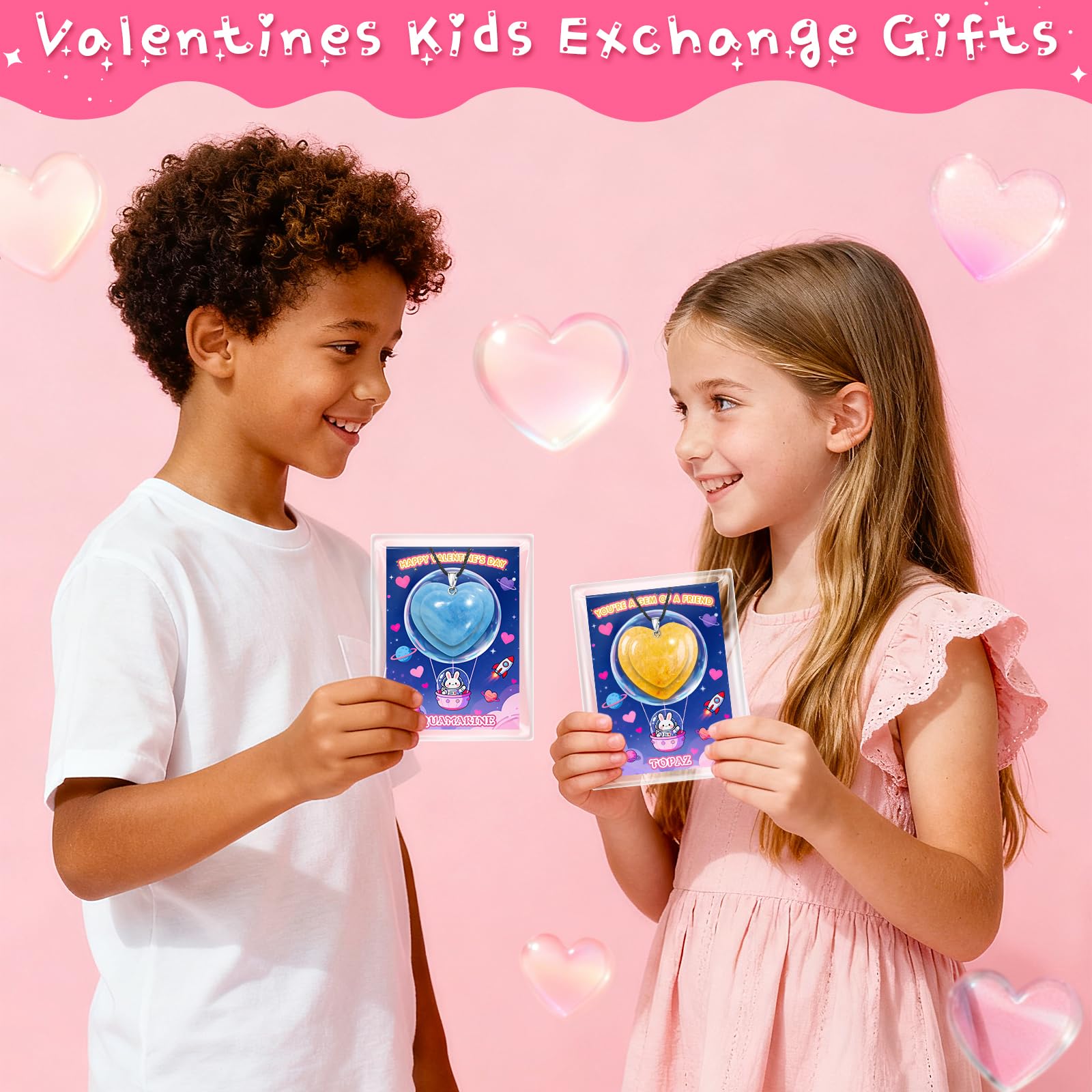 Valentines Day Cards for Kids School with Heart Gemstone Necklaces, Valentines Exchange Gifts Bulk with 24-Pack Unique Gemstone Heart Crystals, Classroom Valentine Party Favors with Goody Bag