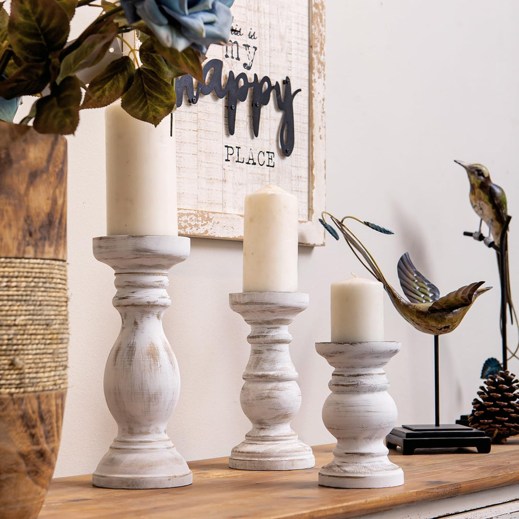 NIKKY HOME Rustic Candle Holder Set of 3 - Farmhouse Wood Stand for Mantle & Dining Table | Distressed White