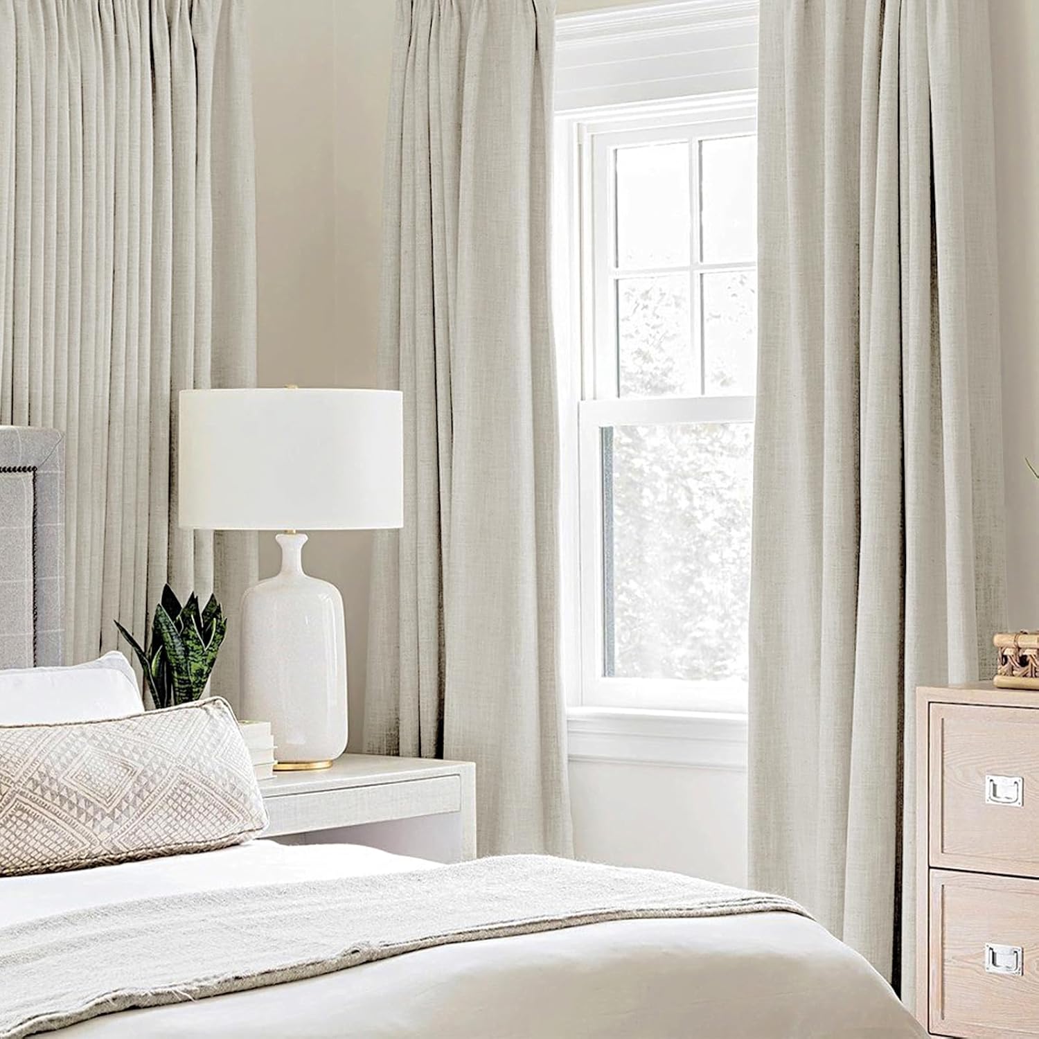 MIULEE Linen Texture Curtains - 100% Blackout Thermal Insulated Drapes | Light Cream, 52x54 Inch (2 Panels)