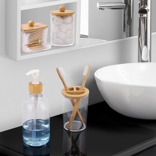 Bamboo Bathroom Accessories Set - 4-Piece Clear Toothbrush Holder & Soap Dispenser | Qtip Container