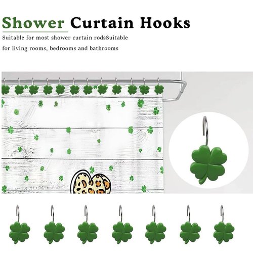 12 PCS Shamrock Shower Curtain Hooks Shower Decor, Rustproof Bathroom Decorative Shower Hooks, Green Shower Curtain Hooks Botanical Shower Curtain Rings for Bedroom Living Room Bathroom