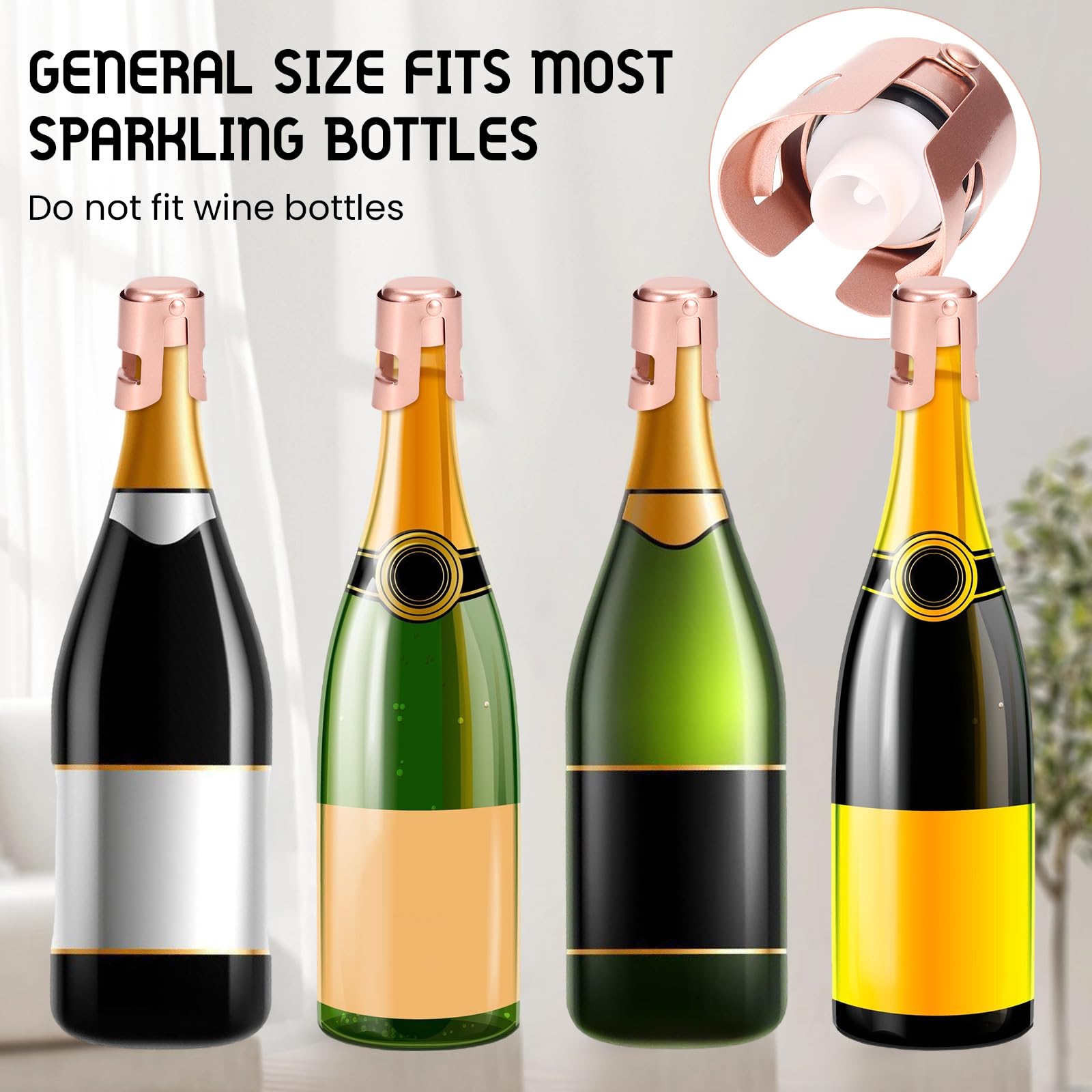 Champagne Stoppers Stainless Steel, Prosecco Sparkling Wine Bottle Stopper with Silicone Sealing Plug, Leak proof Keep Fresh Reusable Champagne Cork & Saver (Rosegold, 2 Pack)
